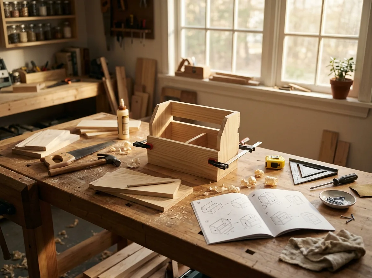 A simple unfinished wooden box project on a bright workbench