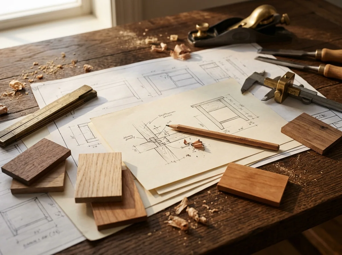Editorial still life of woodworking design drawings on a workbench