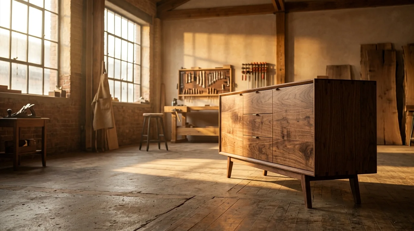 Beautiful handcrafted wooden furniture in warm morning light
