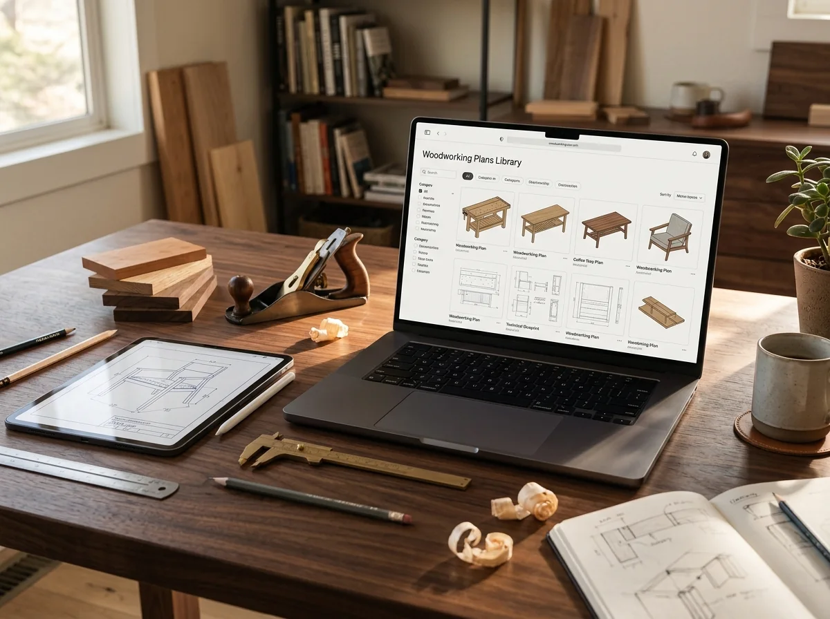 Illustrative concept of a digital collection of woodworking project plans on a laptop and tablet