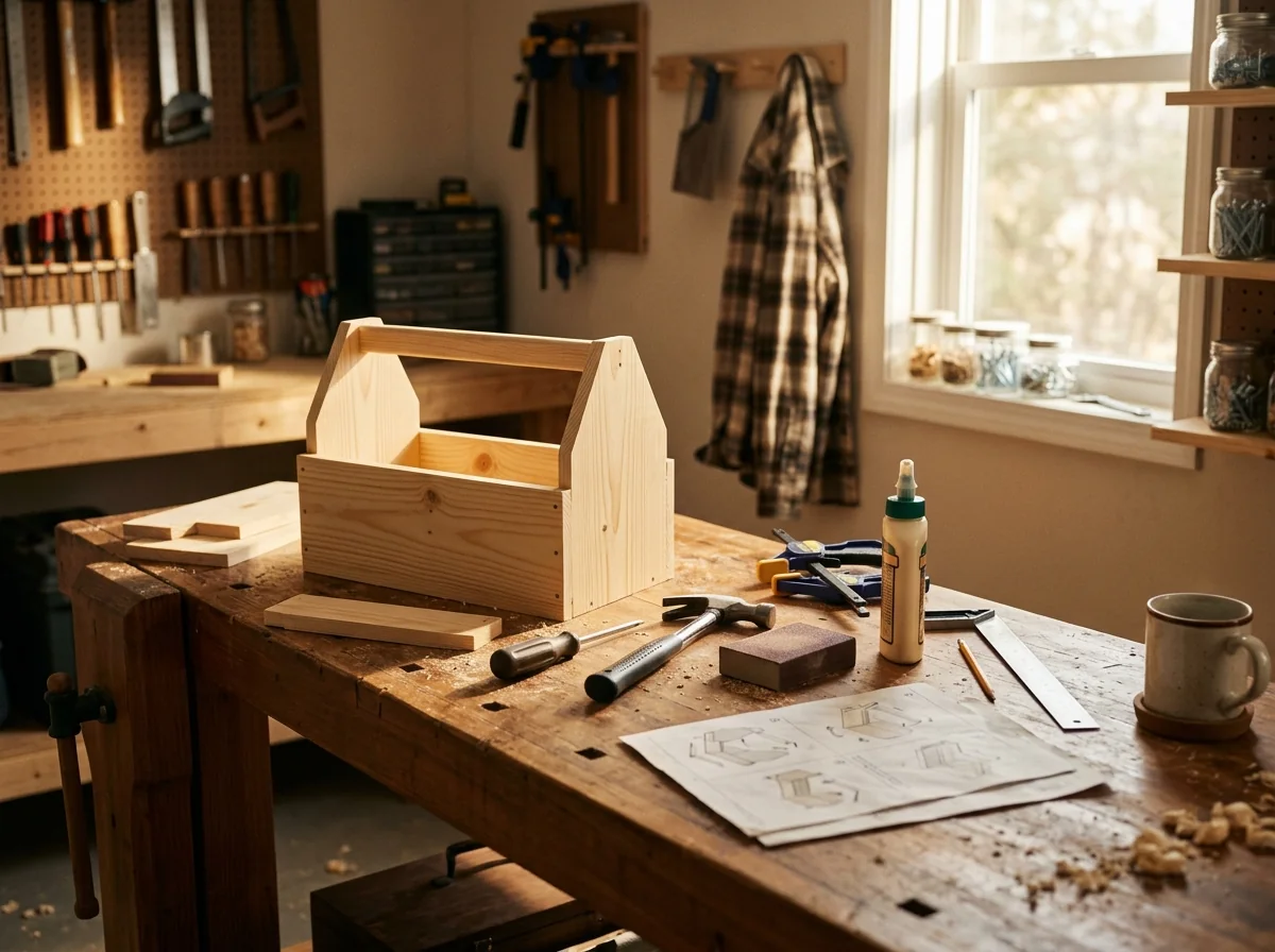Welcoming beginner woodworking studio with a simple project on the workbench